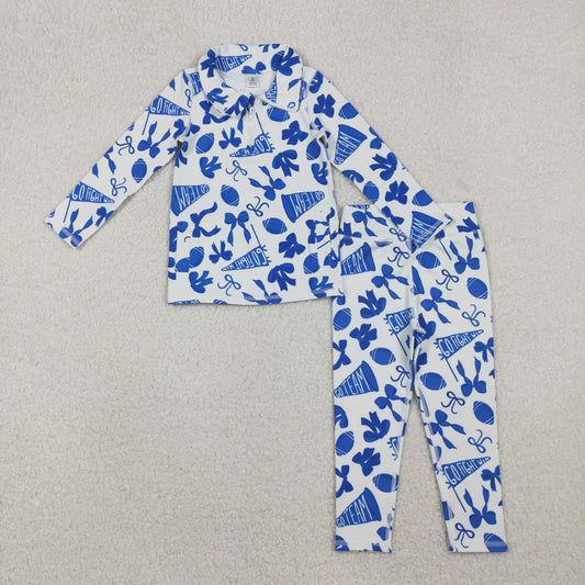 go team fight win football blue bows zipper two piece activewear