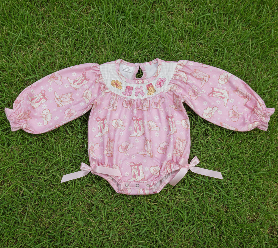 long sleeve pink cowgirl boots embroidery smock romper baby clothes