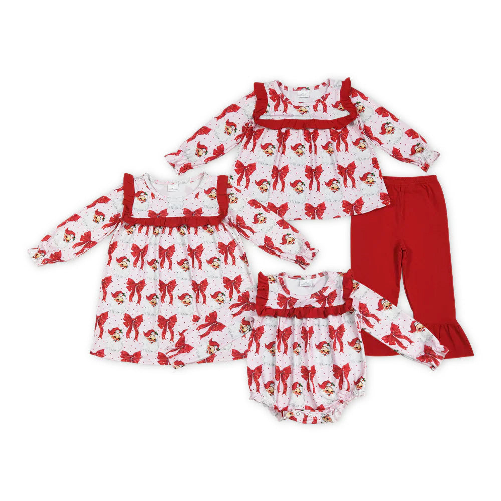 Sibling Santa Red Bows Print Girls Christmas Clothes