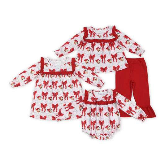 Sibling Santa Red Bows Print Girls Christmas Clothes
