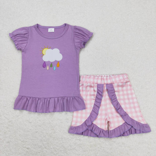 purple pink weather cloud embroidery shorts set