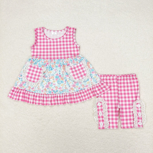 pink plaid flower shorts set with pocket girl clothing
