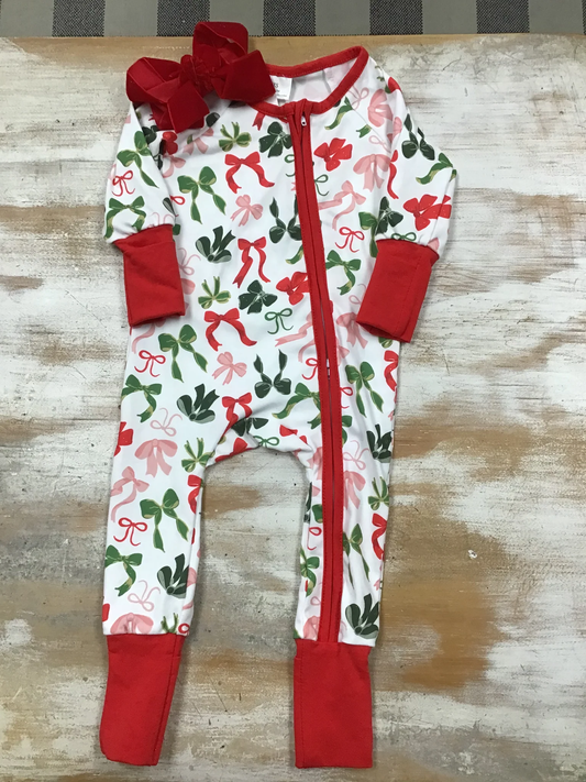 red green bow coquette baby Christmas zip sleeper