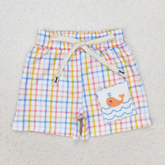 boy colorful plaid shorts with whale embroidery pattern