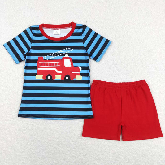 blue red fire truck shorts set boys clothing