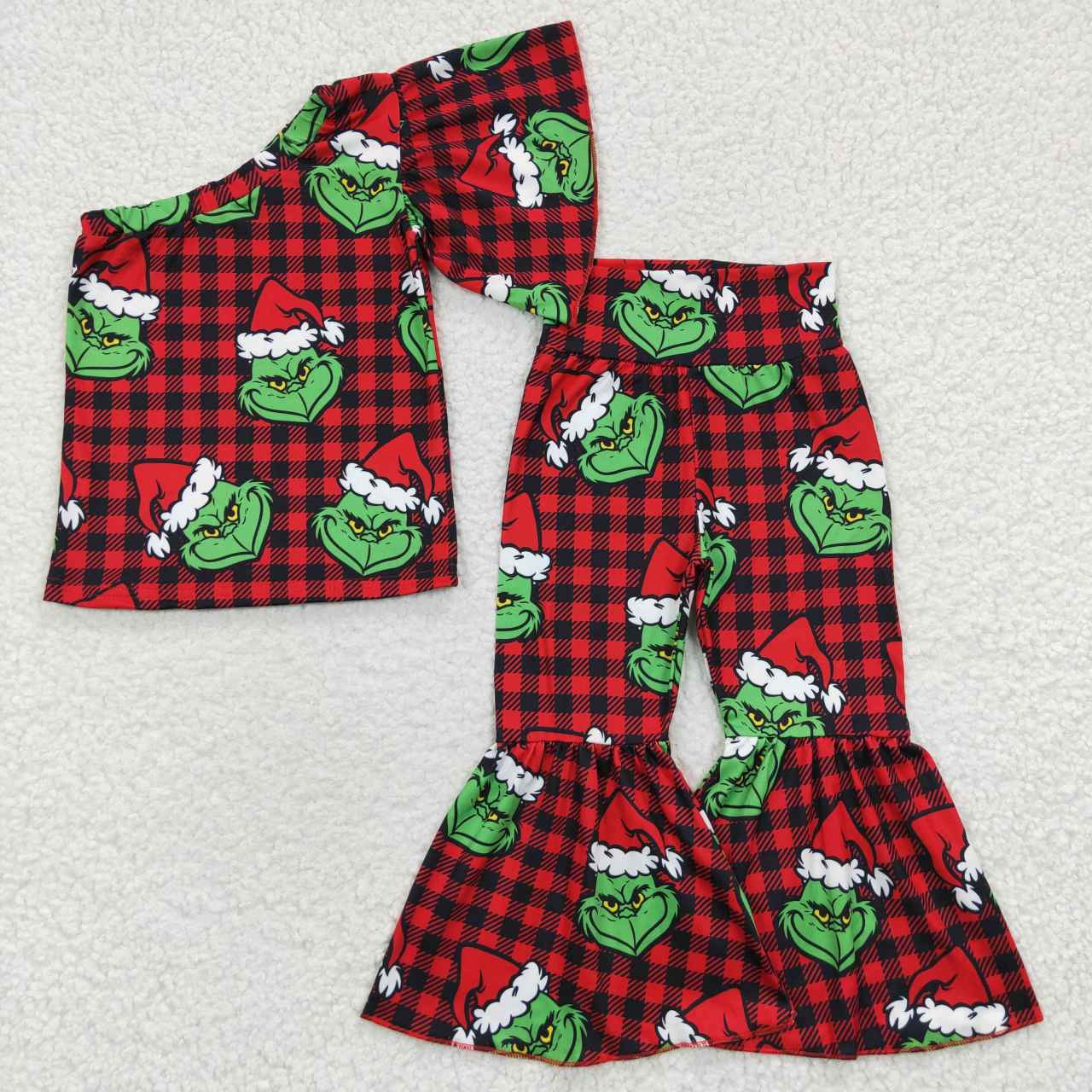 one sleeve plaid with grinch girl christmas outfit