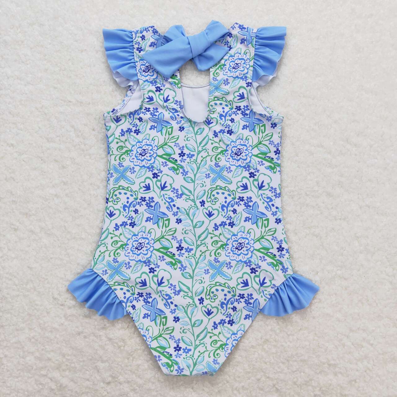 blue flower print girl one piece swimsuit