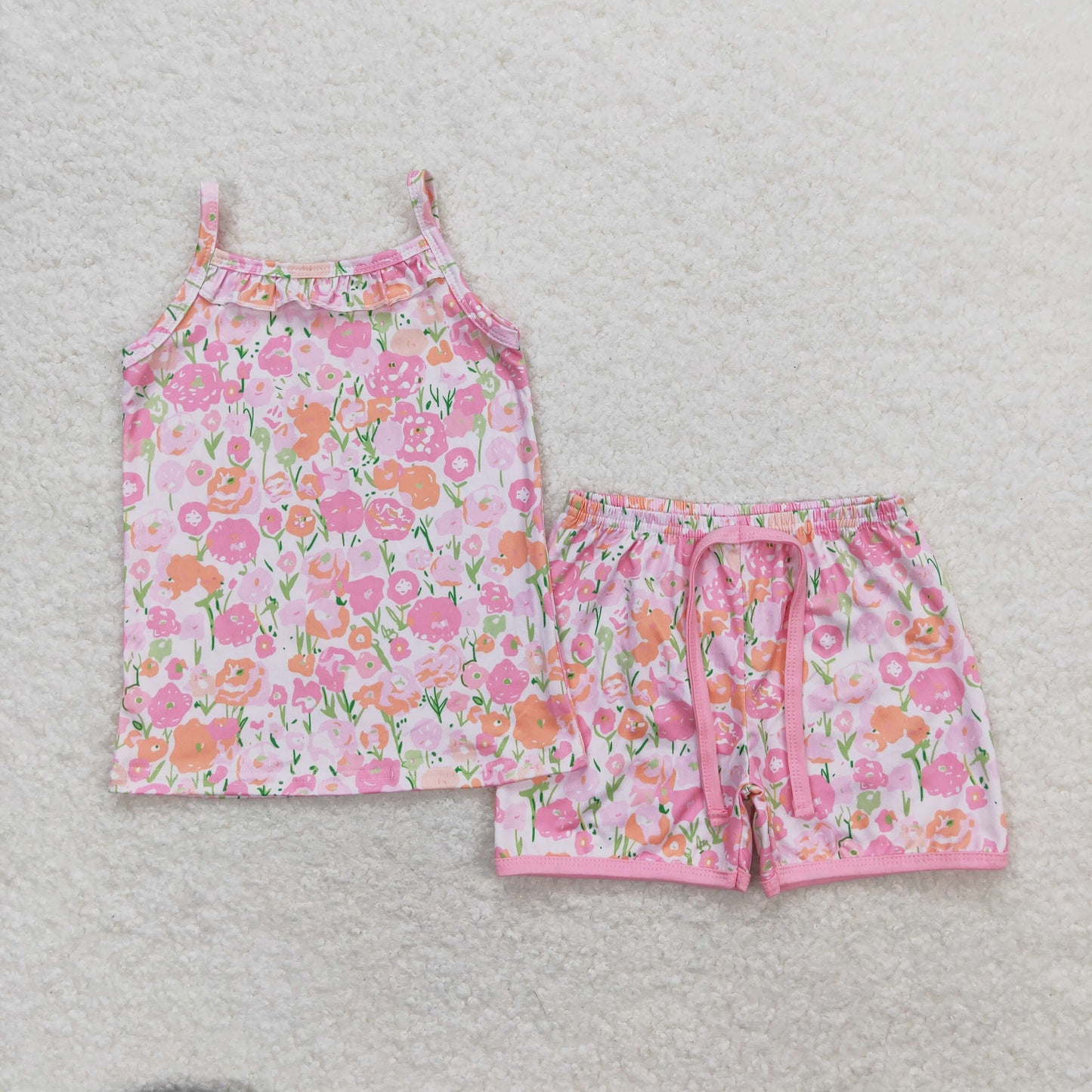 suspender pink flower shorts set girl summer clothing