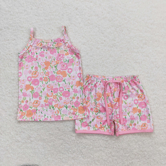 suspender pink flower shorts set girl summer clothing