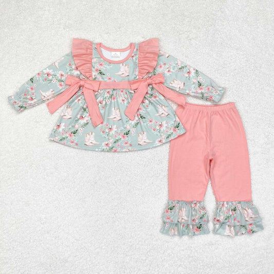 cowgirl boots&flower dress top pink ruffle pants set