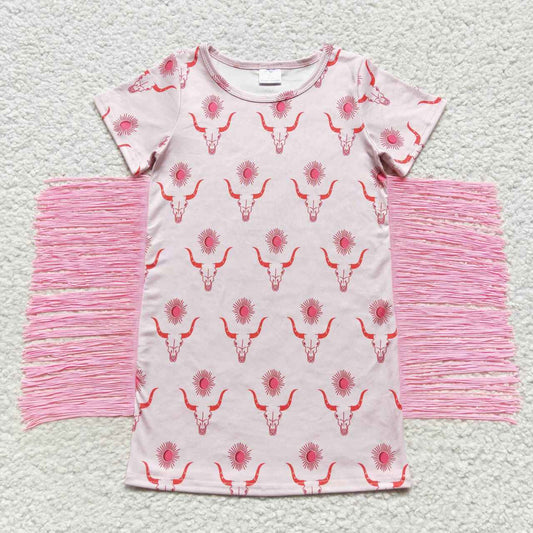 Pink skull print fringe shirt dress