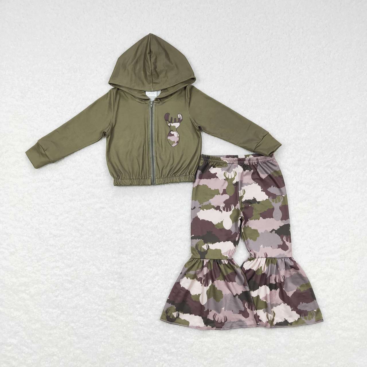 camo deer print zip hoodie top bell bottom outfit girls clothing
