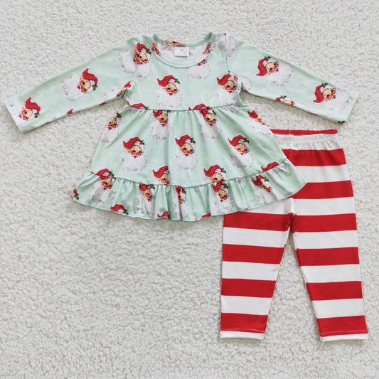 Santa print red stripe legging set girl christmas outfit