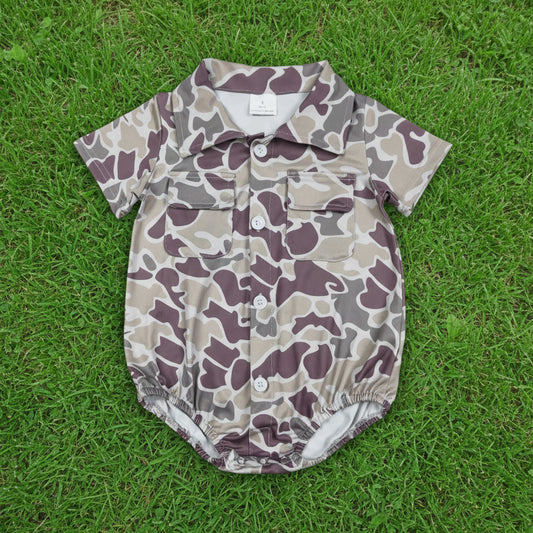 camo button romper with pocket
