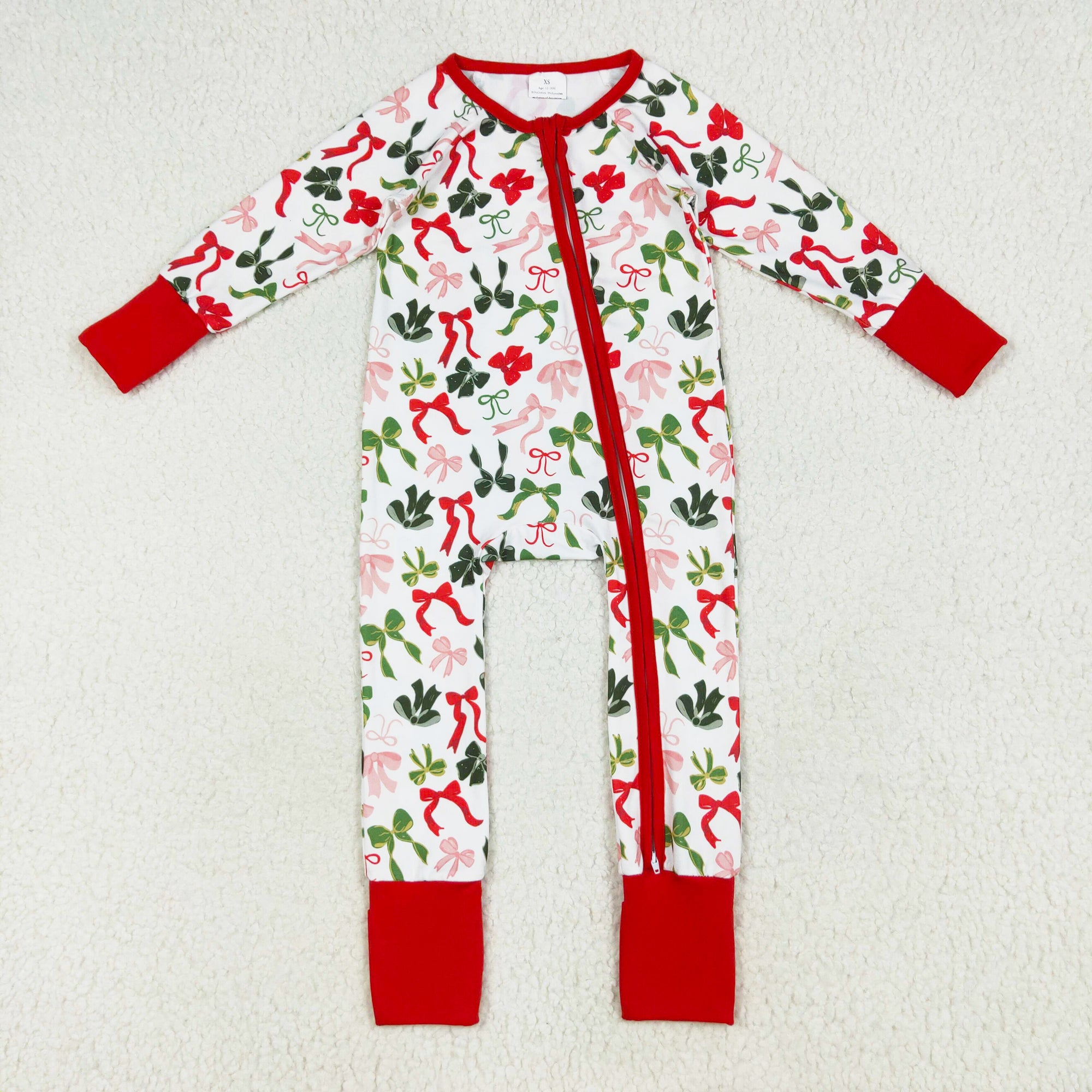 red green bow coquette baby Christmas zip sleeper