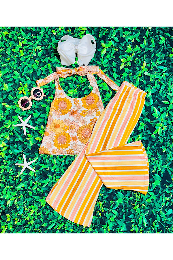 Yellow & orange floral & stripped halter top 2pc set