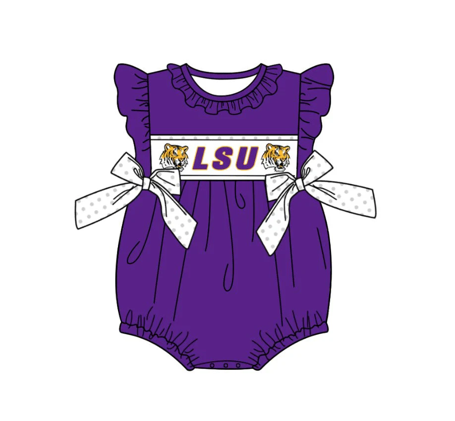 TAT 5-6 weeks MOQ 3 Team's LSU Purple Print Baby Girls Romper