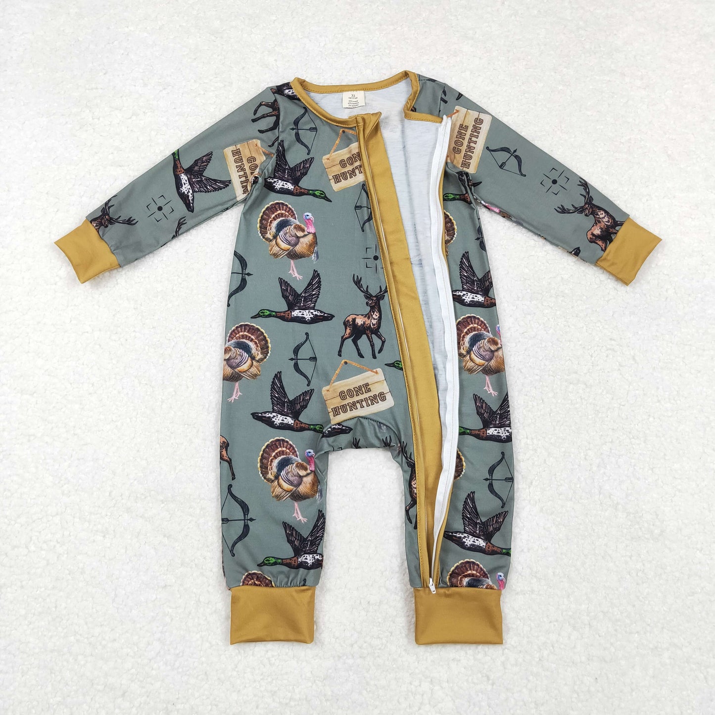 gone hunting duck deer turkey print zip bamboo sleeper boy