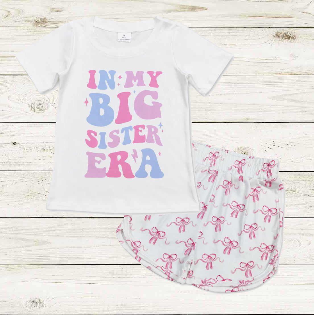 white tee pink bows shorts set