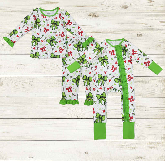 Red Green Bows Print Christmas Girl Sibling Pajamas