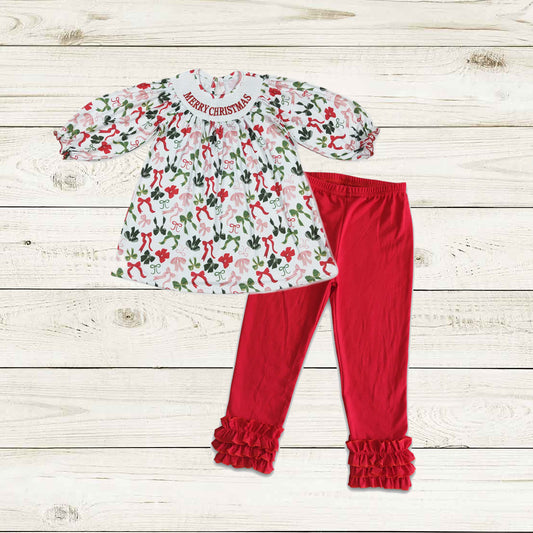Christmas bows smock dress top icing pants set