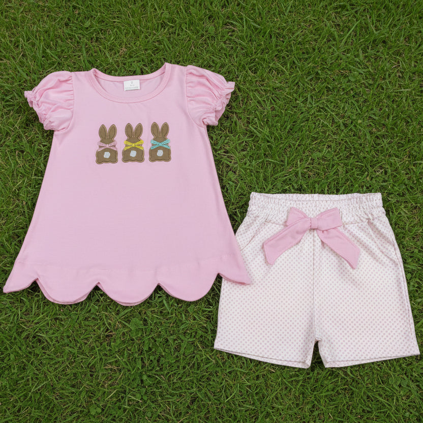 pink bunny embroidery shorts set girl easter clothes