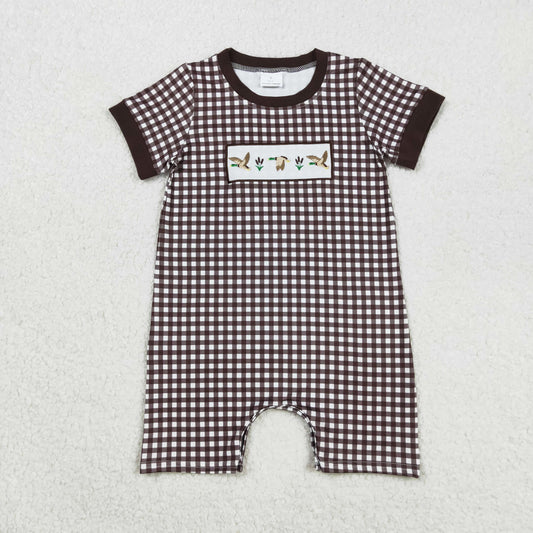 brown gingham duck embroidery baby boy romper