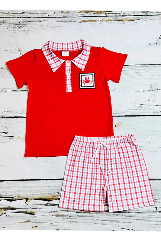 Red embroidered crab 2pc short sleeve boys set