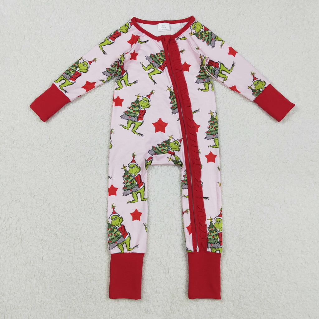 red stars Christmas tree gri*ch ruffle zip sleeper