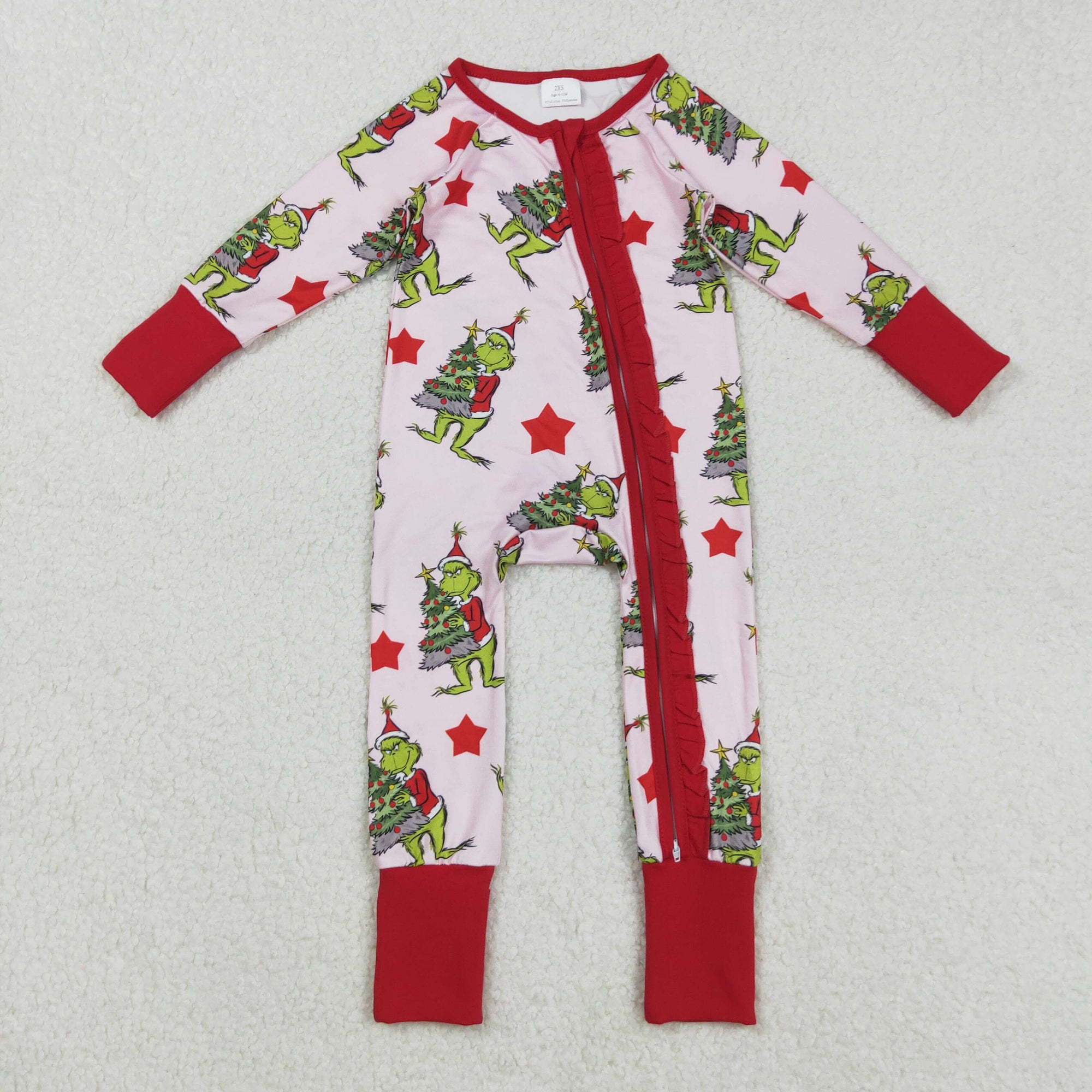 red stars Christmas tree gri*ch ruffle zip sleeper