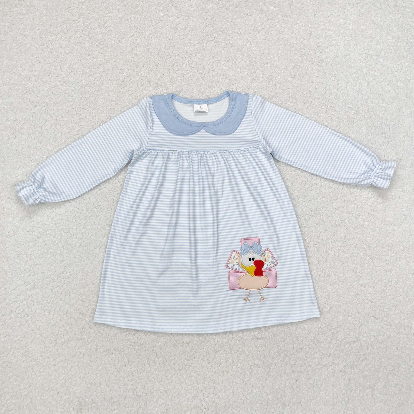 toddler girl blue stripe turkey embroidered dress