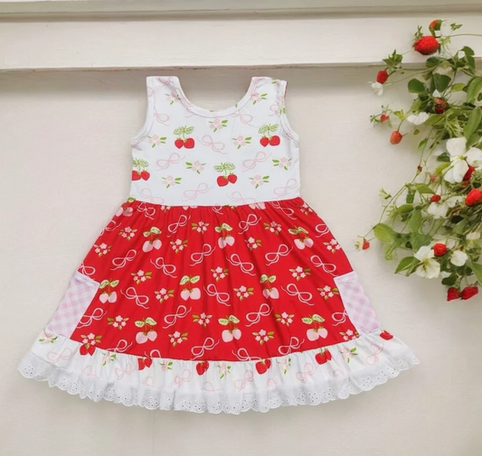 sleeveless strawberry bows pocket twirl dress
