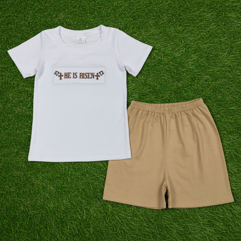 he is risen embroidery shorts set boy easter clothes