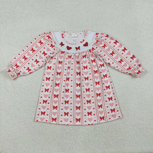 valentine striped red bow pink heart embroidery girl dress