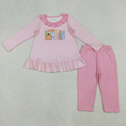 hello pumpkin pink embroidery legging set fall girl outfit