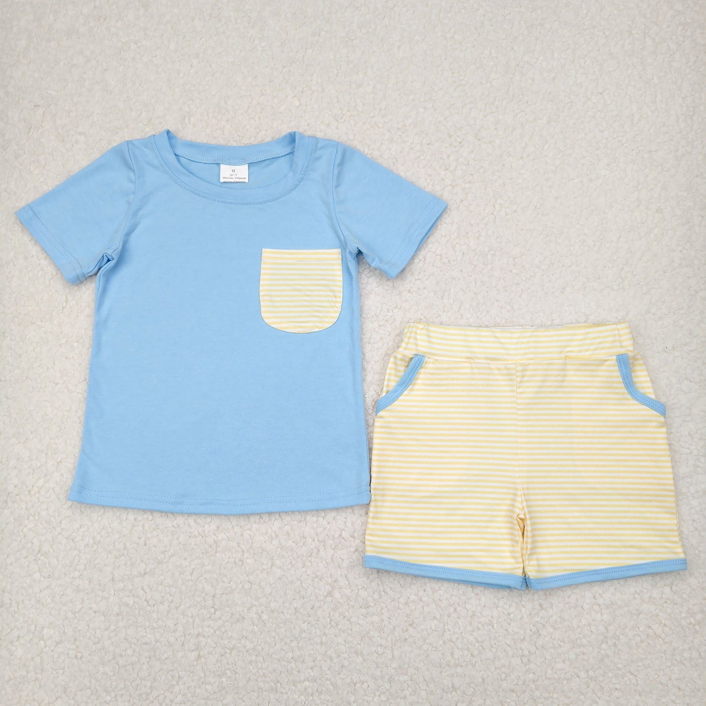 blue top yellow striped shorts set