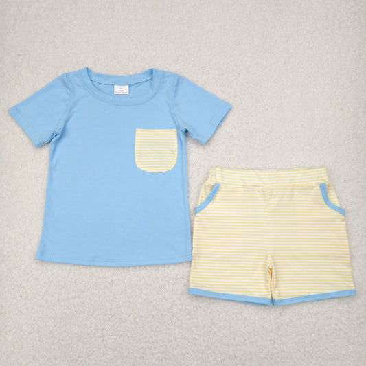 blue top yellow striped shorts set