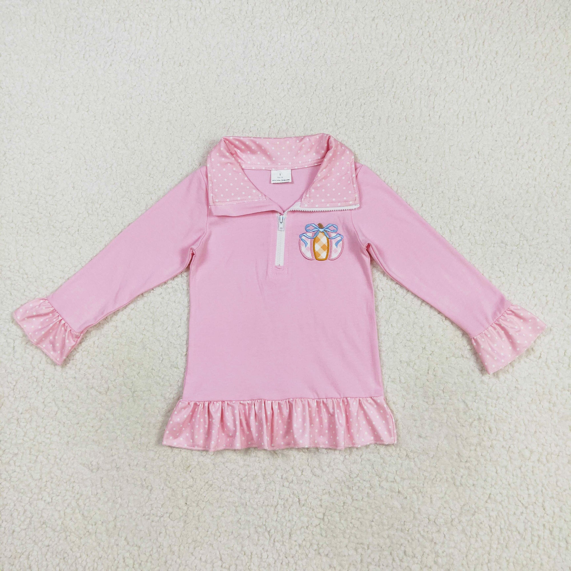 pink pumpkin embroidery girl zip pullover