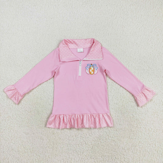 pink pumpkin embroidery girl zip pullover