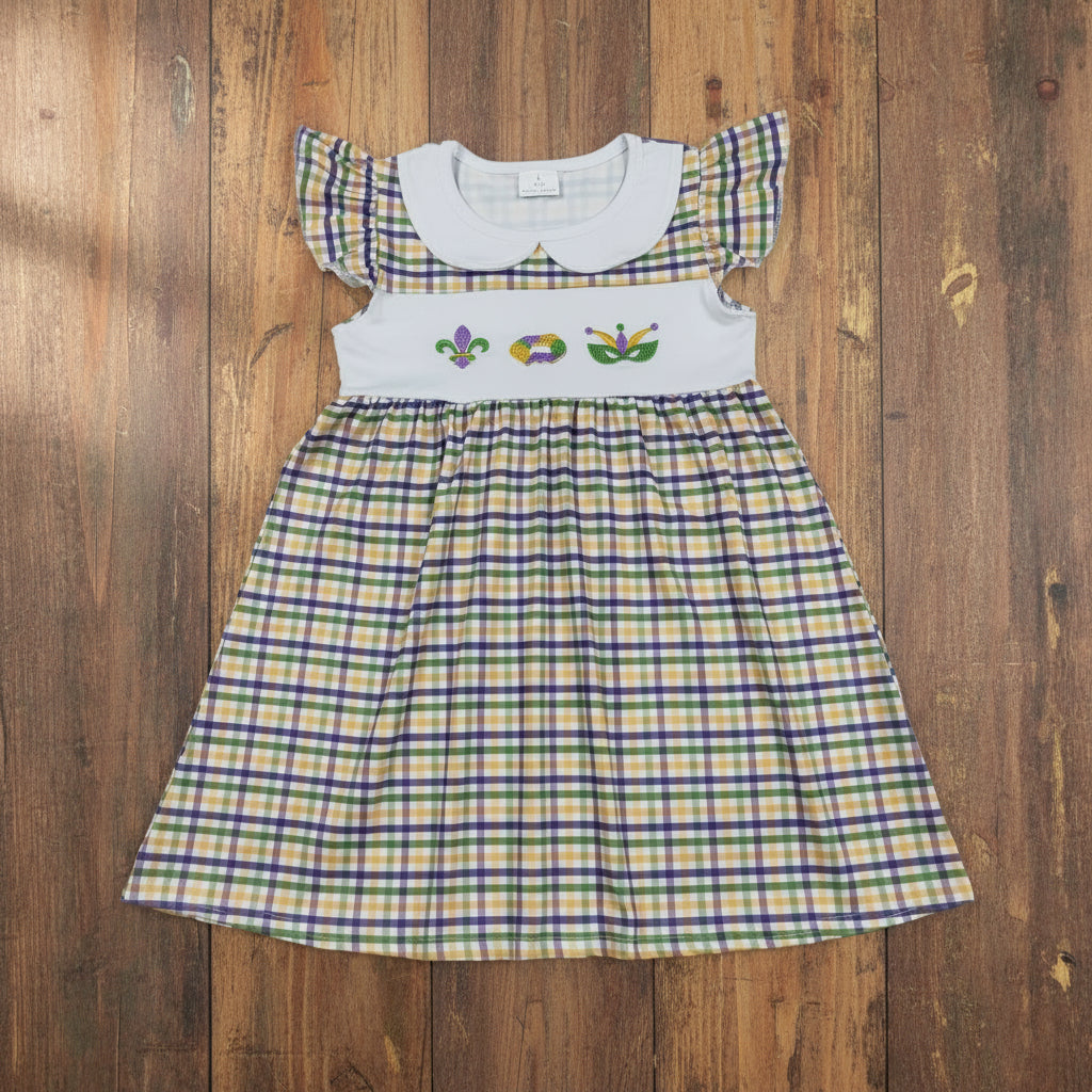 purple green gold gingham embroidery king cake mardi gras dress