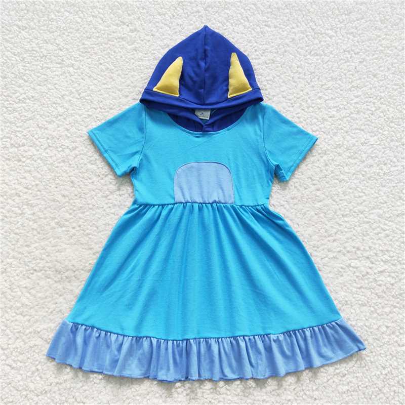 Solid blue cotton hoodie cat dress