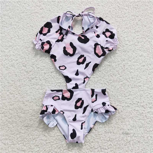 girl one piece swimsuit cutout leopard swimwear