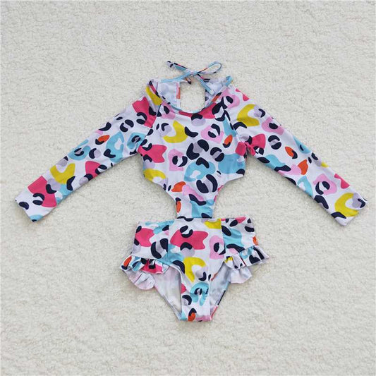 girl one piece swimsuit cutout leopard swimwear