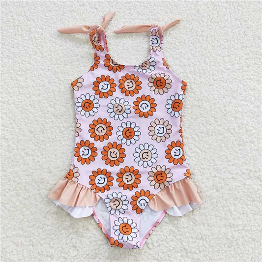 smile sunflower one piece swimsuit tankini girl swimwear