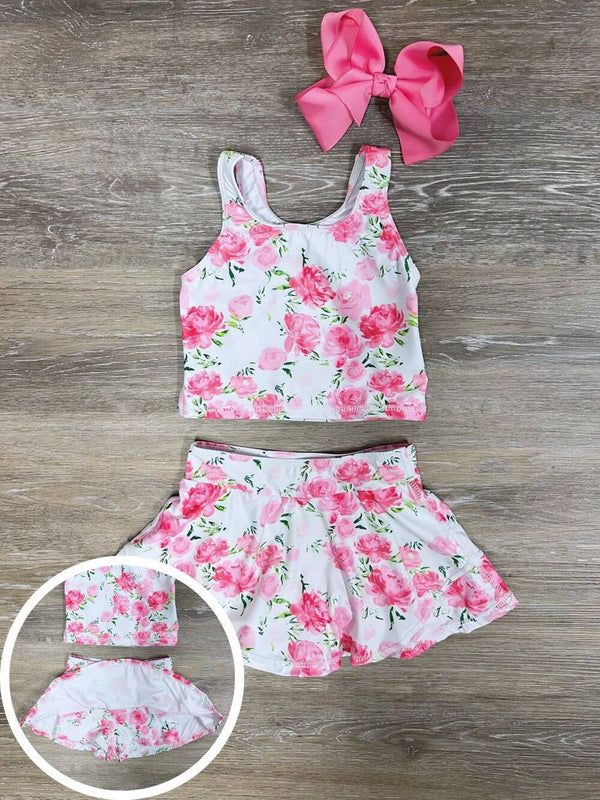 Rosy Hot Pink Florals Girls Tankini & Skort Swim or Yoga Set