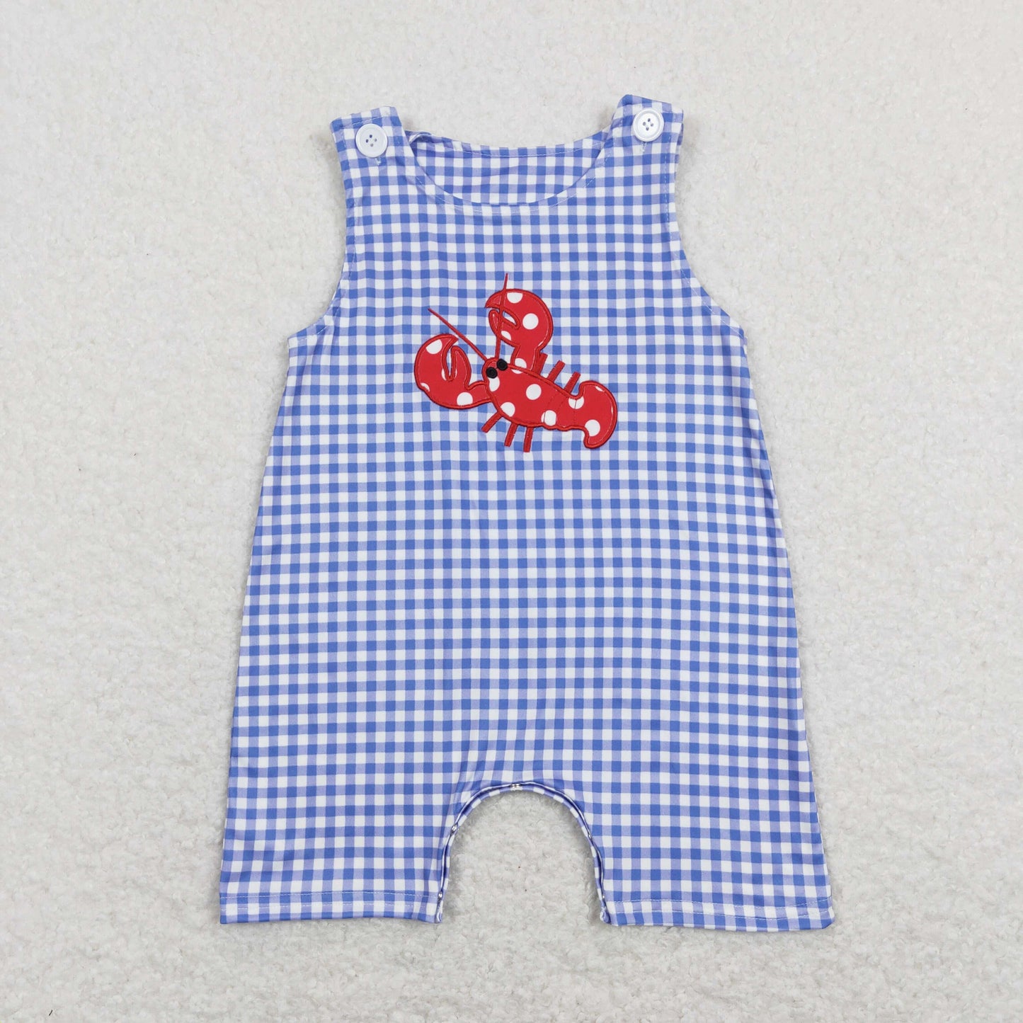 baby boy blue crab embroidery plaid romper