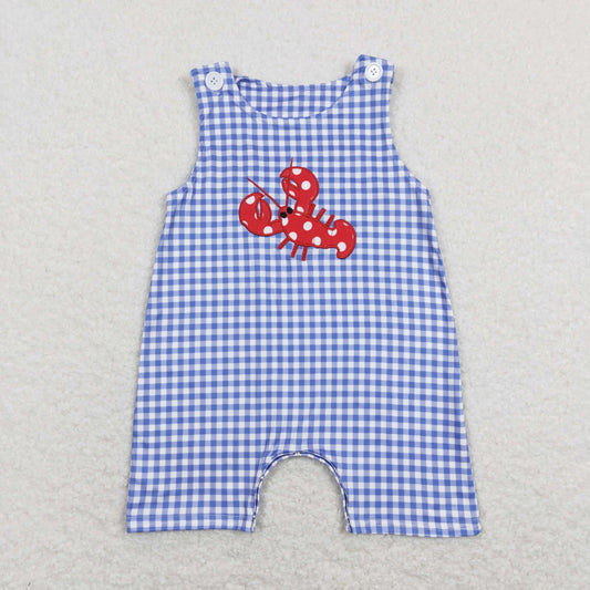 baby boy blue crab embroidery plaid romper