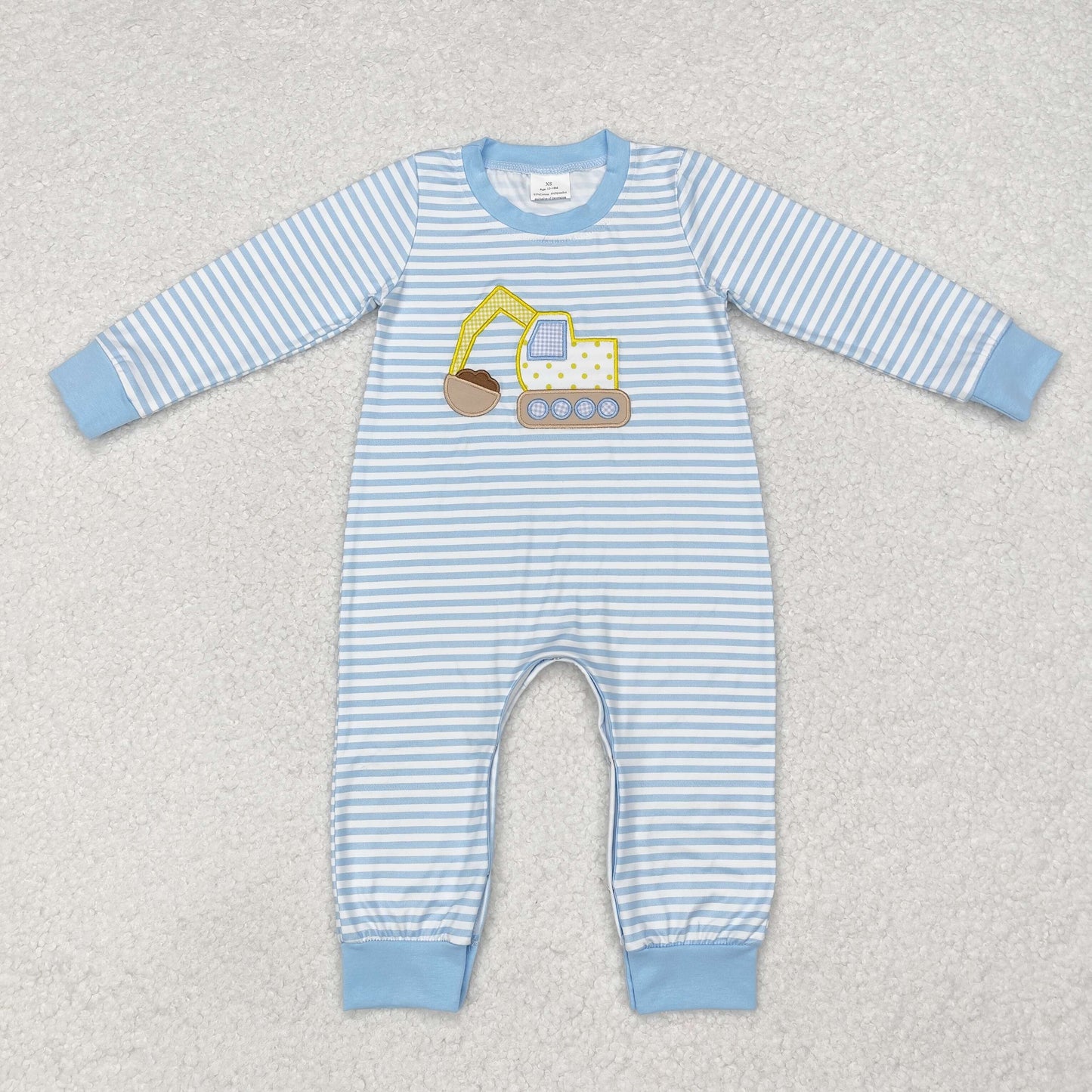 baby boy blue stripe excavator embroidery romper