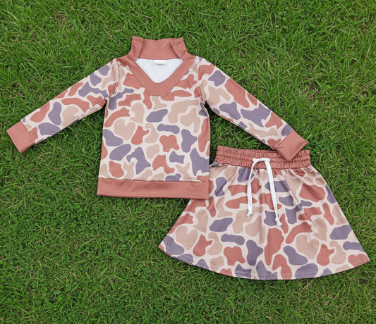 long sleeve brown camo pullover skort set outfit