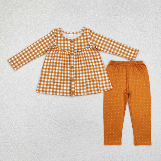 orange plaid button pocket legging set girl fall clothing